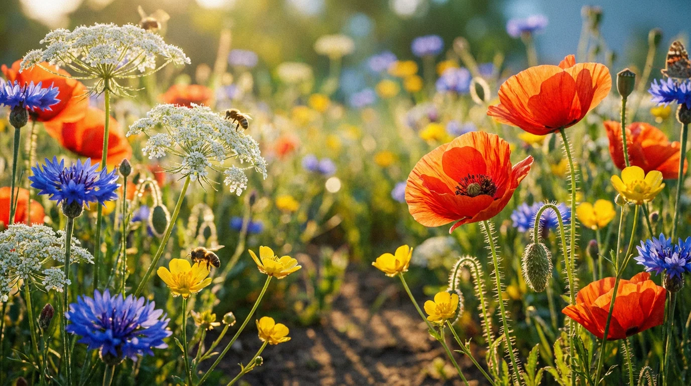 A close-up, low-angle view of a vibrant wildflower garden at sunset, with red poppies and blue cornflowers in sharp focus against a soft, blurry background.