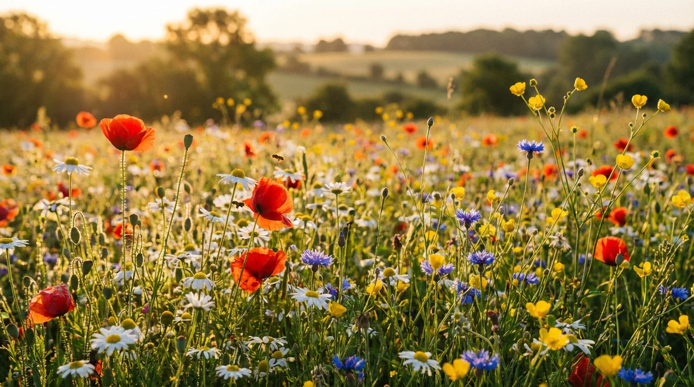 A vibrant, sun-drenched wildflower garden viewed from a low angle, featuring a colorful mix of red poppies, blue cornflowers, and white daisies under the warm glow of the golden hour sun.