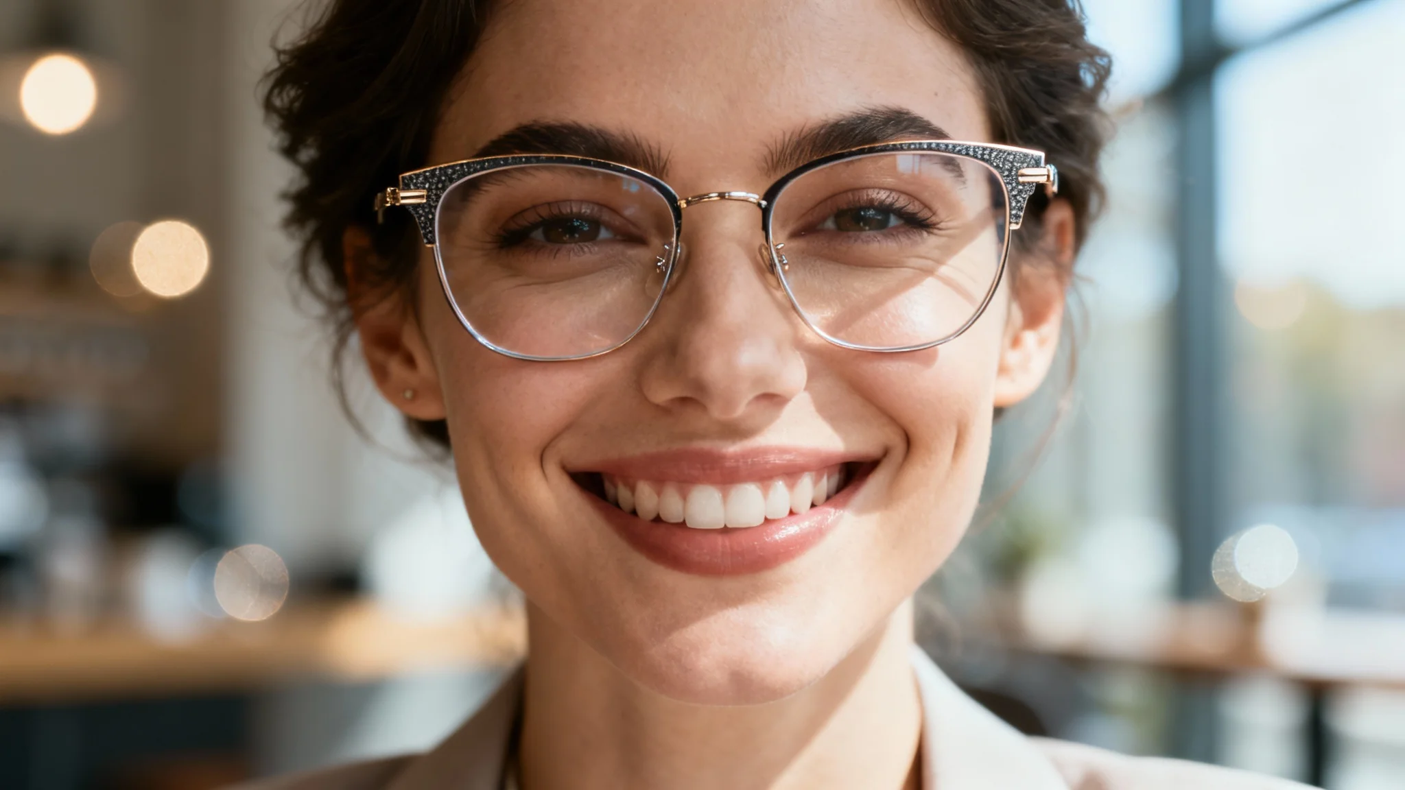 A professional hero image showing a stylish person smiling warmly while wearing modern eyeglasses, which are in sharp focus.