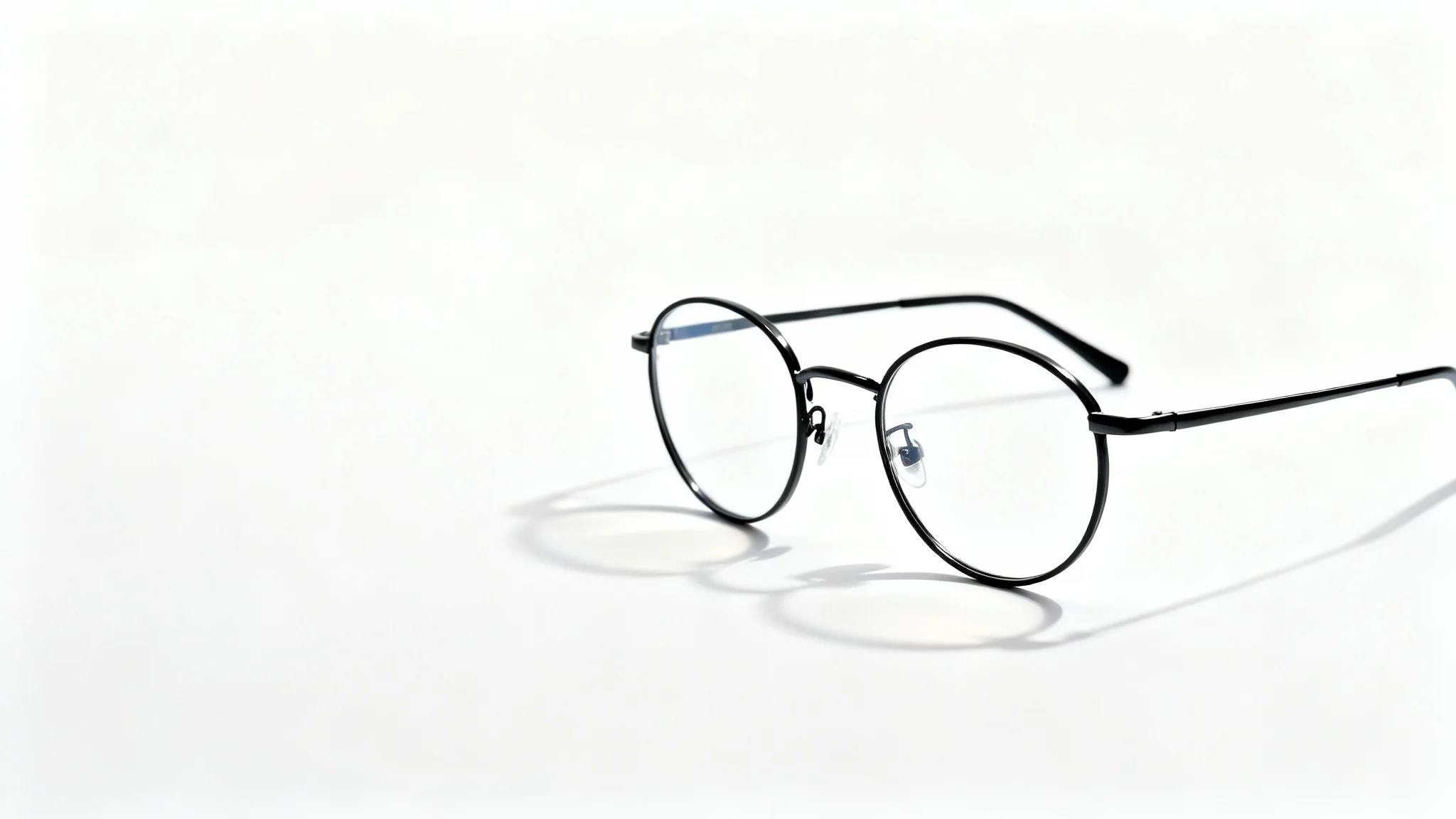 A minimalist product shot of a pair of modern, round, matte black metal eyeglasses resting on a clean white background, creating a sophisticated and stylish look.