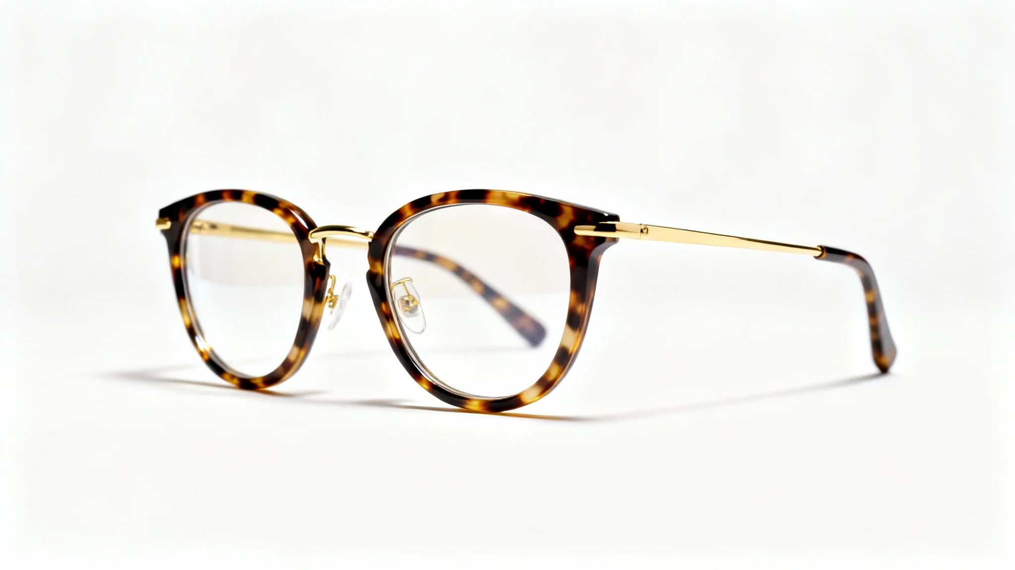 A photorealistic mockup of a stylish pair of tortoiseshell glasses with gold arms, set against a clean white background.