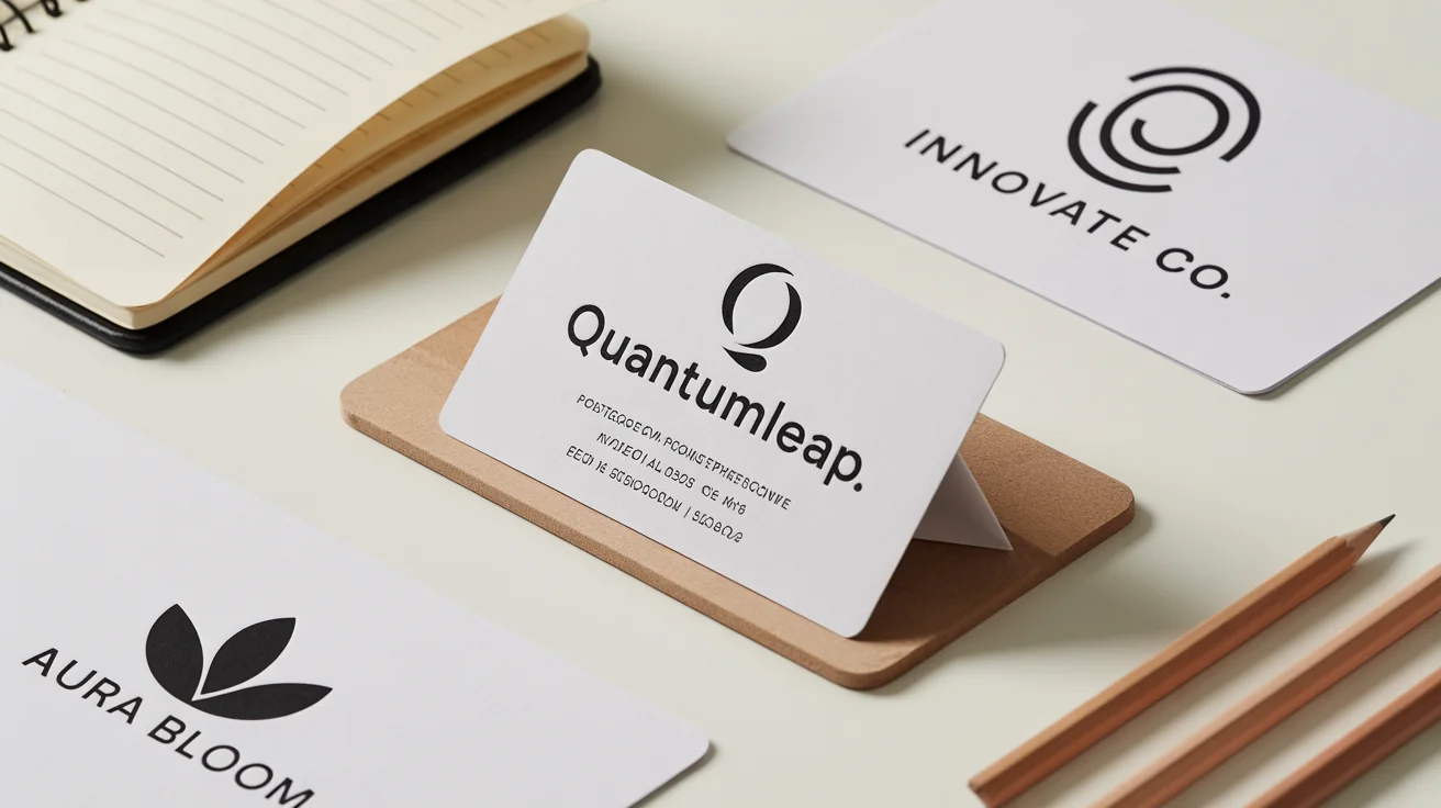 A collection of professionally designed logos for fictional businesses like 'QuantumLeap' and 'Aura Bloom', displayed on business card mockups in a clean flat lay arrangement, showing the final output of an AI logo maker.