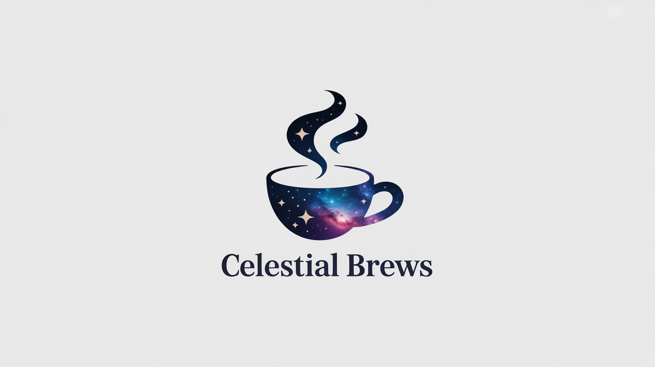 A modern logo for a fictional coffee shop called 'Celestial Brews'. The logo shows a stylized coffee cup with steam that swirls into a galaxy with tiny gold stars, all set against a clean white background.