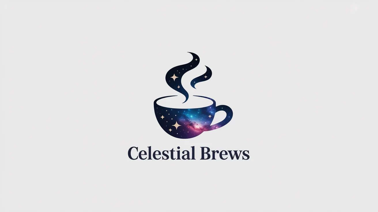 A modern logo for a fictional coffee shop called 'Celestial Brews'. The logo shows a stylized coffee cup with steam that swirls into a galaxy with tiny gold stars, all set against a clean white background.