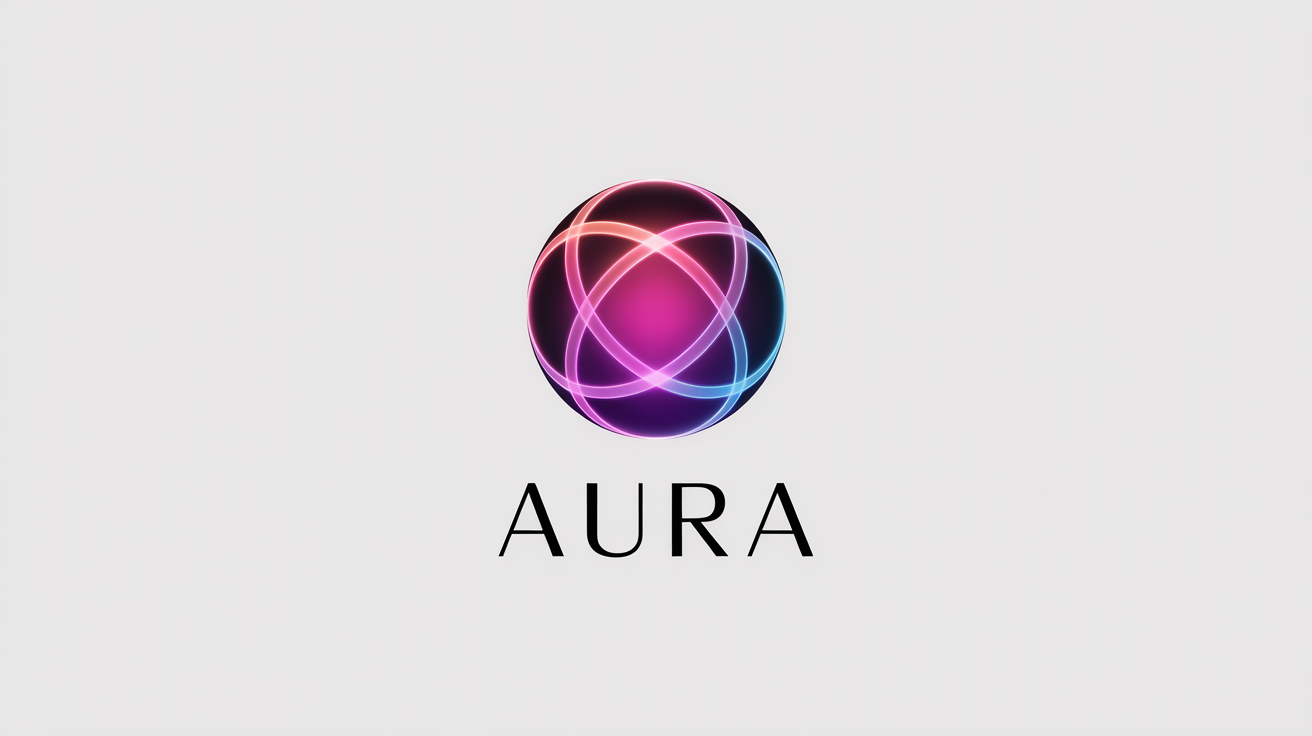 A magical logo for a brand called 'Aura', featuring an abstract glowing orb in magenta and blue, on a clean white background.