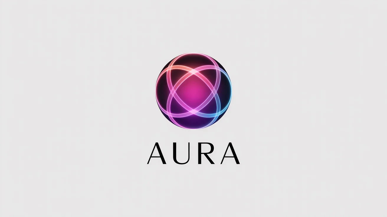 A magical logo for a brand called 'Aura', featuring an abstract glowing orb in magenta and blue, on a clean white background.