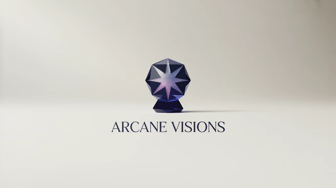 A modern, professional logo for a company called 'Arcane Visions', featuring a deep indigo crystal ball with a silver starburst inside, set against a clean white background.