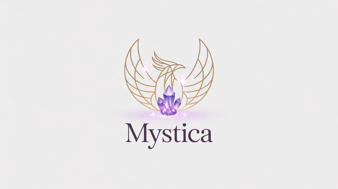 A magical logo for a fictional brand named 'Mystica', featuring a geometric phoenix in gold and violet with a glowing crystal at its center, set against a plain white background.