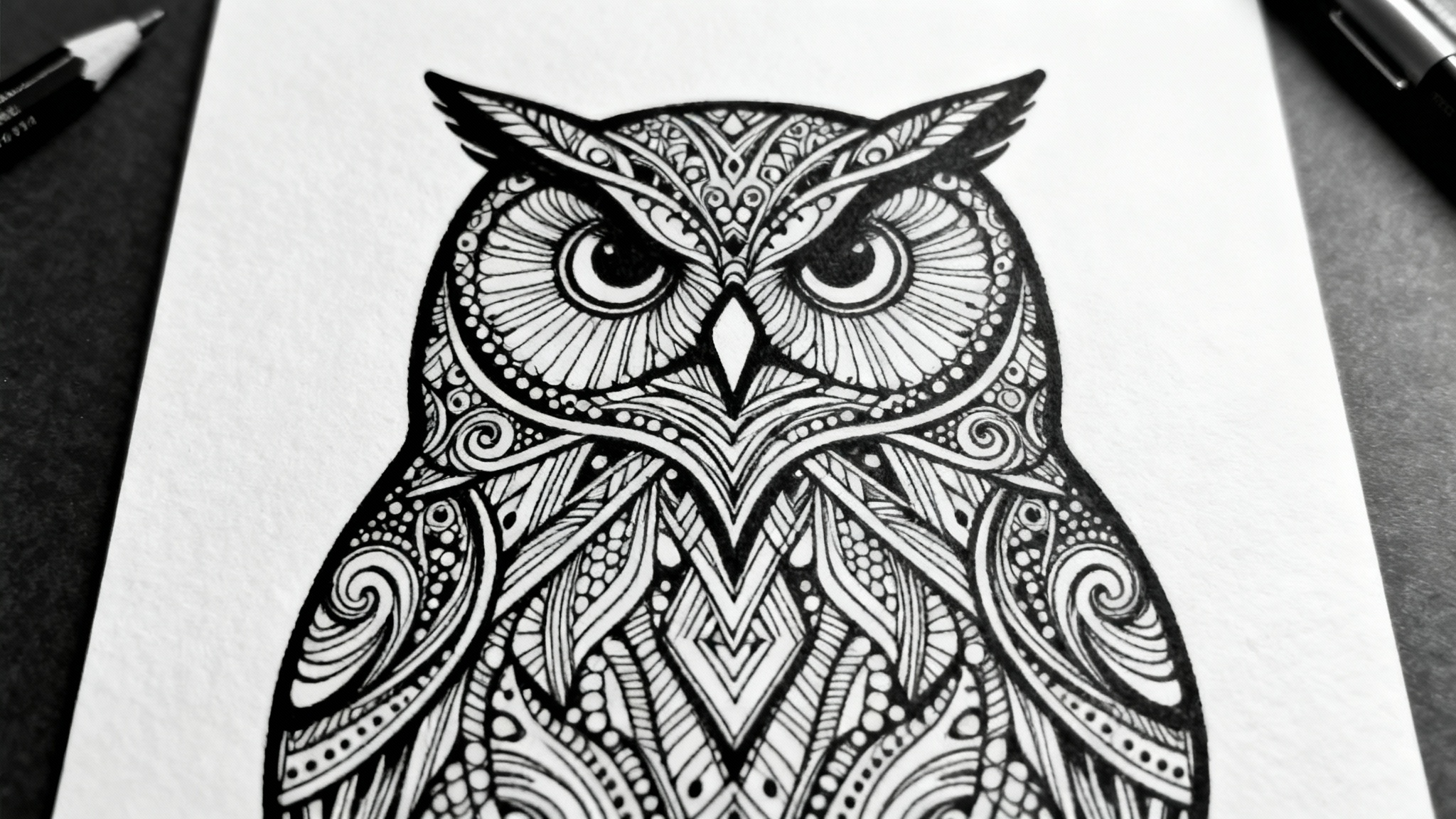 A detailed hero image showcasing a zentangle design in the shape of an owl, created with intricate black ink patterns on a white background, representing the final output of a zentangle art generator.