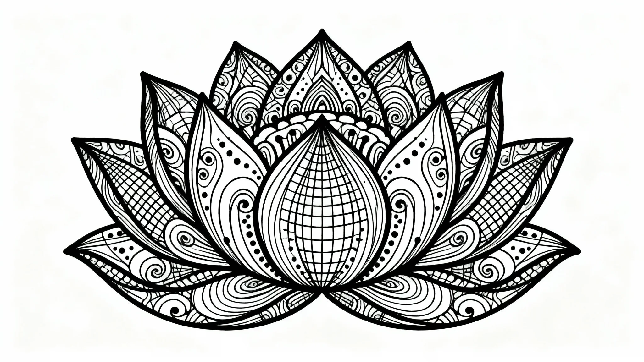 An intricate black and white zentangle design of a lotus flower, filled with detailed abstract patterns, on a clean white background.