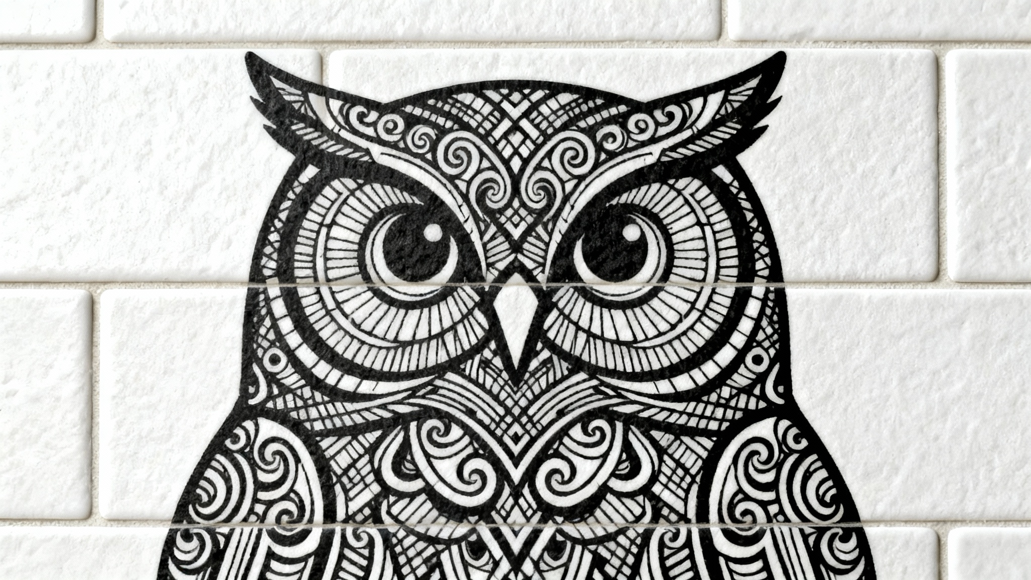 An intricate zentangle design of an owl, rendered in sharp black ink on a white background. The owl is filled with mesmerizing geometric and organic patterns.