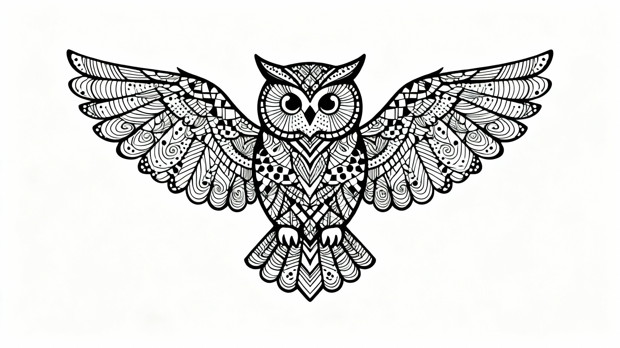 A highly detailed black and white zentangle drawing of an owl. The owl is filled with a variety of intricate, abstract patterns and is set against a clean white background.