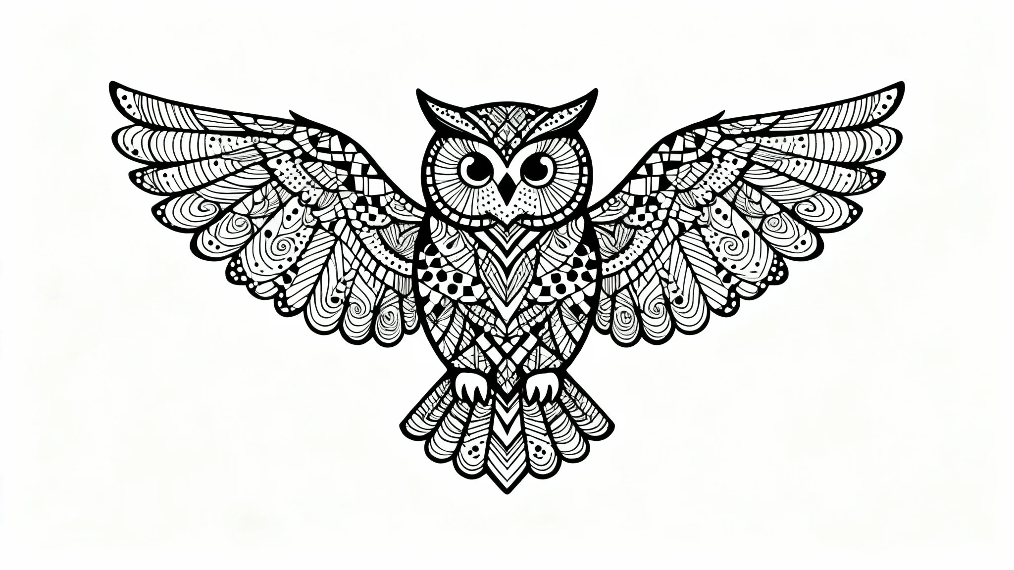 A highly detailed black and white zentangle drawing of an owl. The owl is filled with a variety of intricate, abstract patterns and is set against a clean white background.
