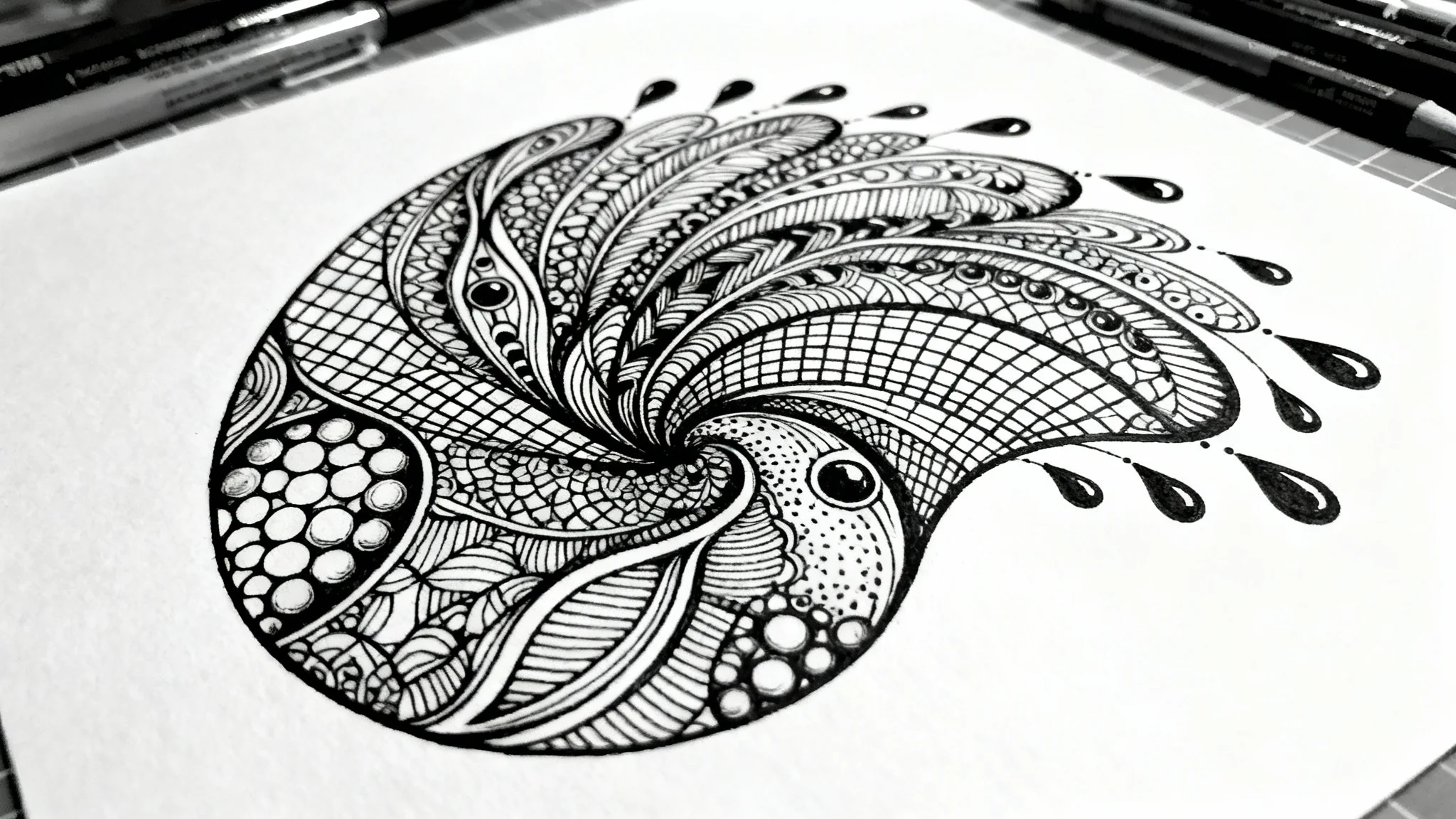 An intricate zentangle design in black ink on a white background, featuring a complex and harmonious mix of abstract, structured patterns.