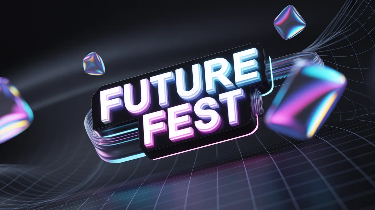A professionally designed 3D banner against a dark background. The words "FUTURE FEST" are rendered in large, glossy, three-dimensional letters with blue and pink lighting. Floating geometric shapes and light streaks add a dynamic, futuristic feel to the design.
