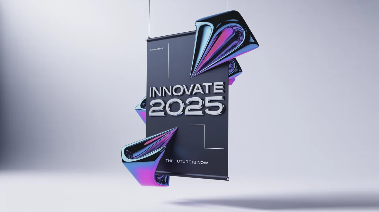 A futuristic 3D banner for a tech conference called 'Innovate 2025', set against a white background. Abstract shapes and colors explode from the banner, creating a dynamic effect.