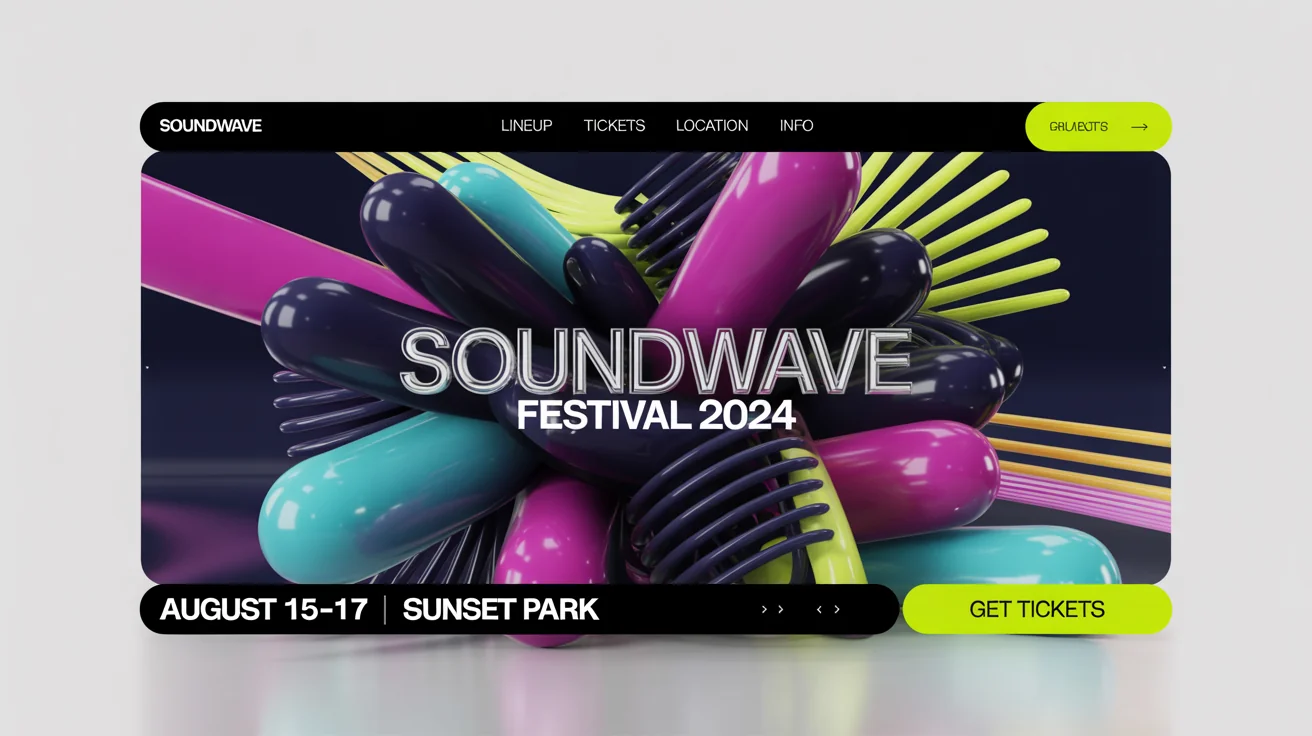 A photorealistic 3D banner mockup for the 'Soundwave Festival 2024'. The banner has a futuristic design with glowing neon lines and geometric shapes against a dark background, all displayed on a clean white surface.