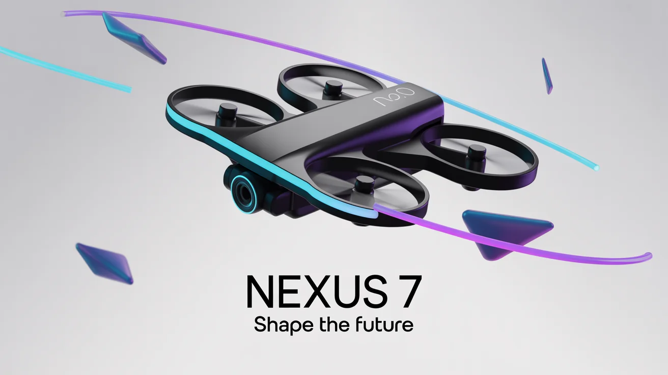 A futuristic 3D banner mockup advertising a product called 'NEXUS 7', featuring a sleek black gadget surrounded by swirling neon lights on a white background.