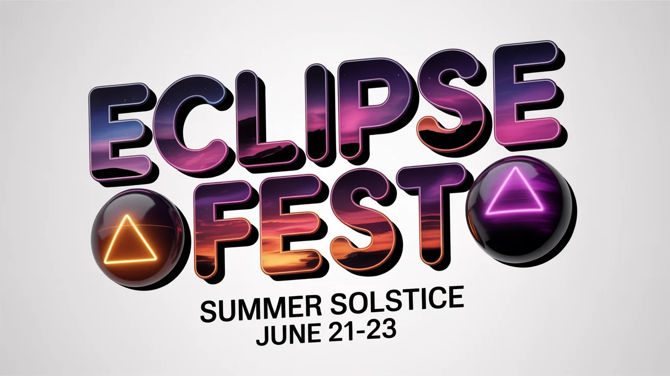 A futuristic 3D banner mockup for a music festival called 'Eclipse Fest', featuring bold, popping text and abstract shapes against a white background.