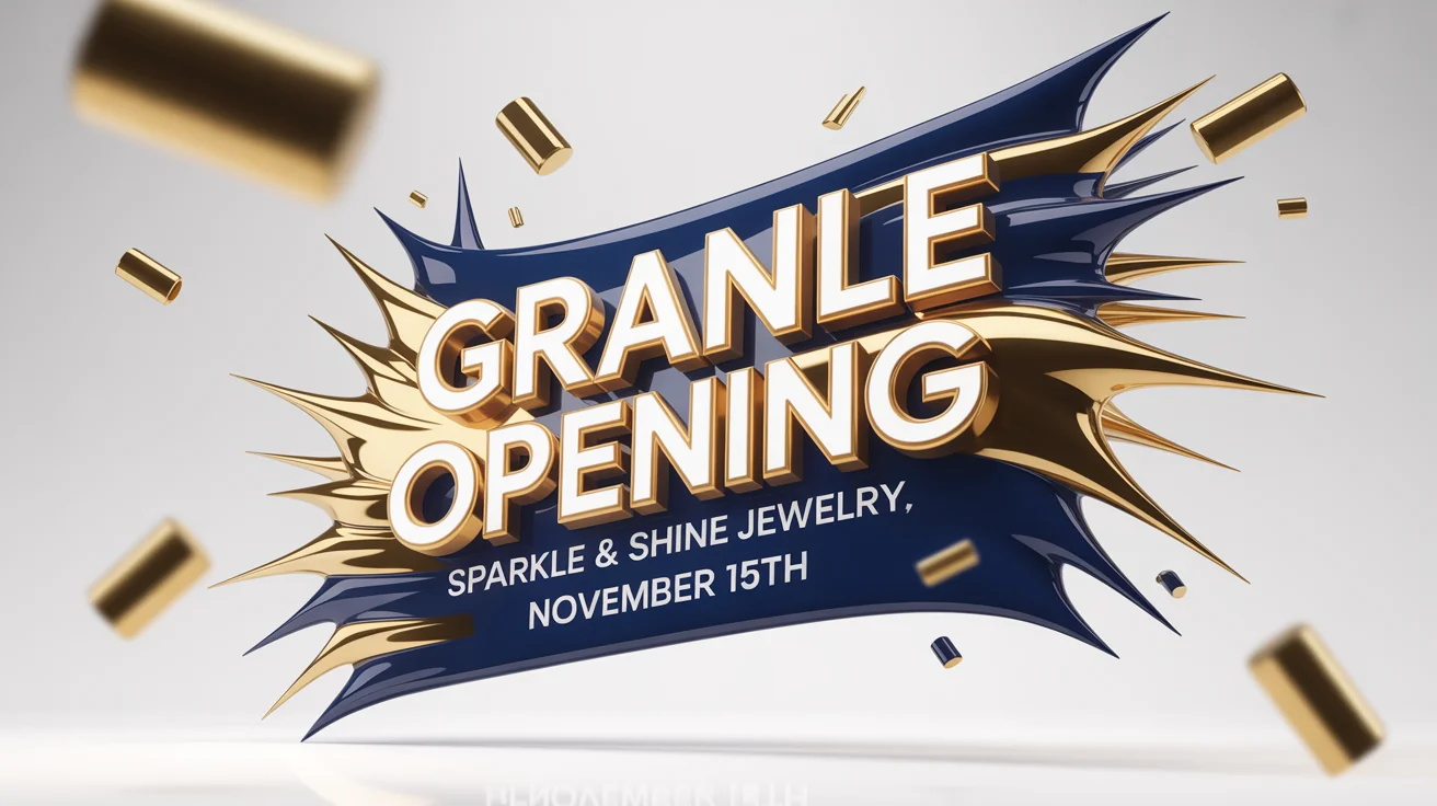 A photorealistic 3D banner mockup for a jewelry store's grand opening, set against a white background. The banner features the text 'GRAND OPENING' and 'SPARKLE & SHINE JEWELRY' in bold, extruded letters, with gold and silver confetti bursting from the sides.