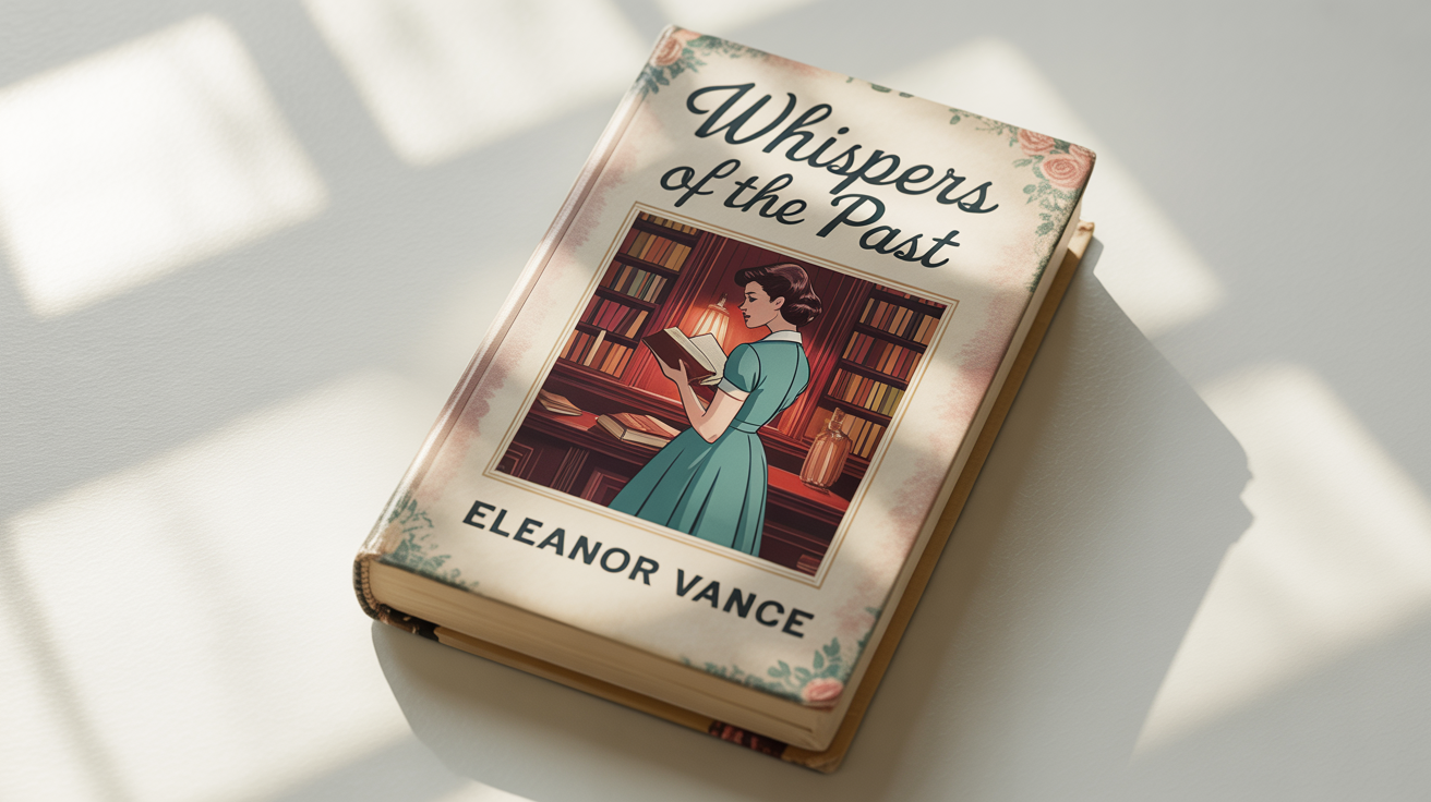 A professional mockup of a vintage book cover titled 'Whispers of the Past', featuring an illustration of a woman in a 1950s dress reading in a library, placed on a clean white background.