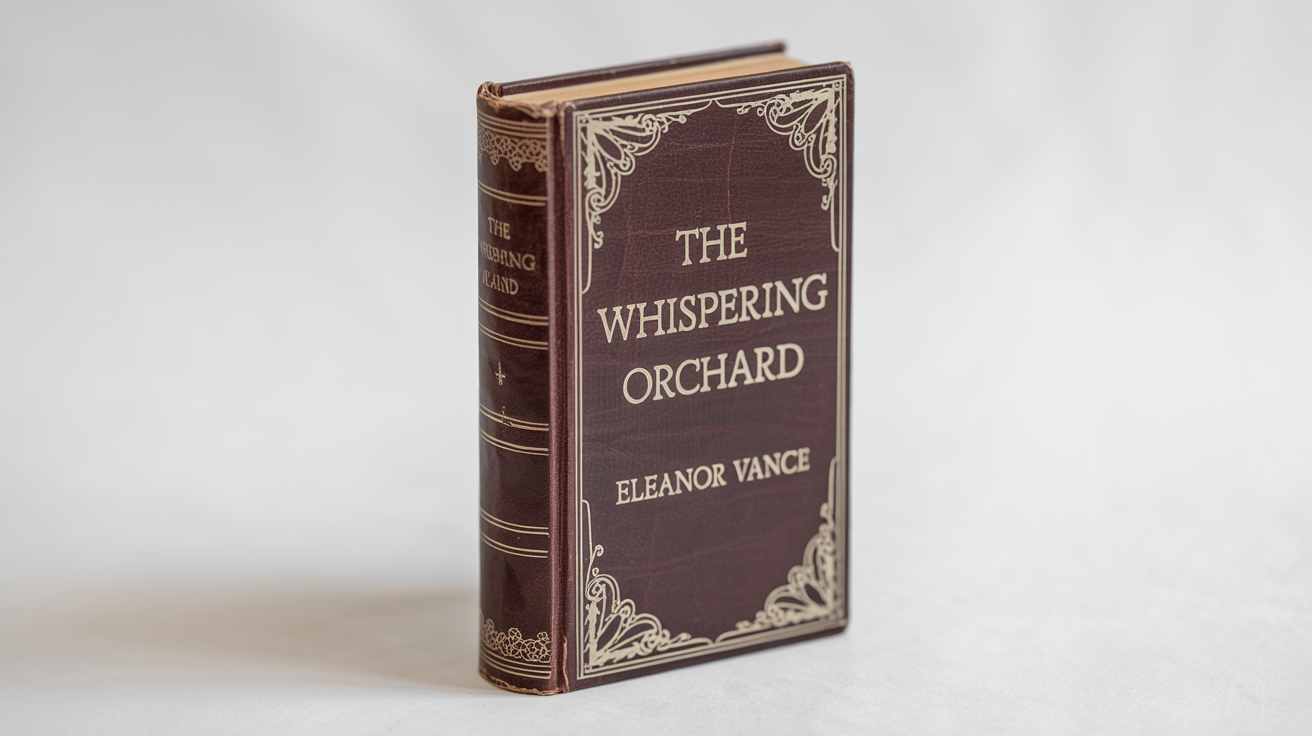 A mockup of a vintage hardcover book with a burgundy cover titled 'The Whispering Orchard' by Eleanor Vance, featuring gold foil details and signs of age, set against a white background.