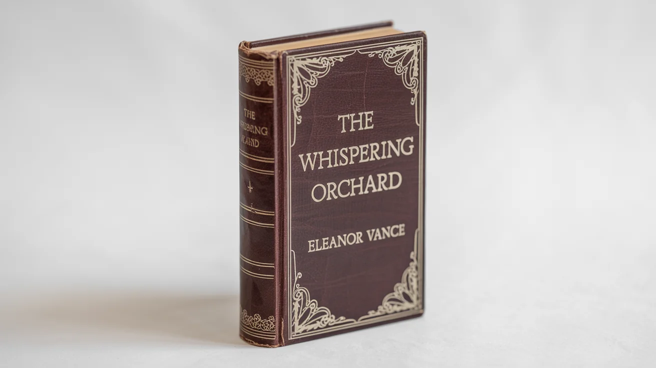 A mockup of a vintage hardcover book with a burgundy cover titled 'The Whispering Orchard' by Eleanor Vance, featuring gold foil details and signs of age, set against a white background.