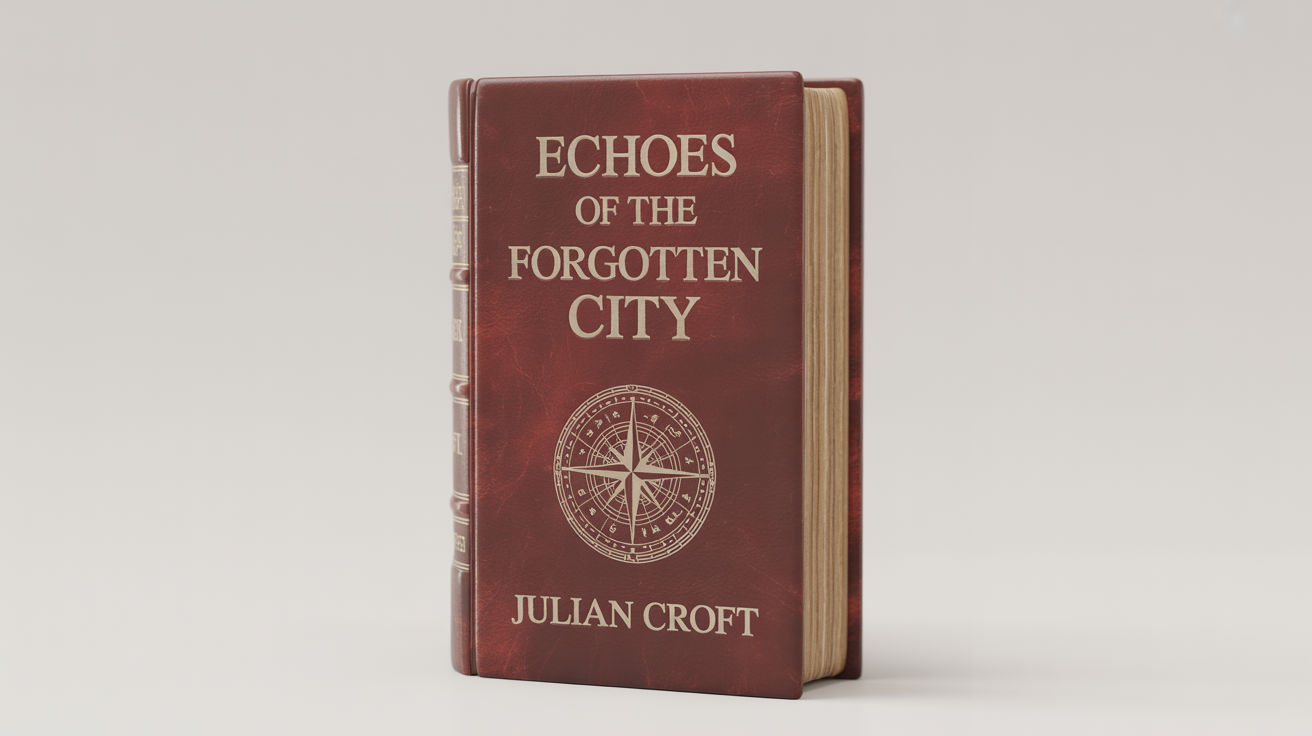 A vintage hardcover book mockup with a deep burgundy leather cover. The title 'Echoes of the Forgotten City' and author 'Julian Croft' are embossed in faded gold, with a compass rose emblem.
