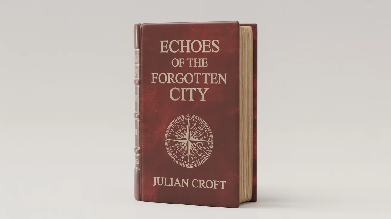 A vintage hardcover book mockup with a deep burgundy leather cover. The title 'Echoes of the Forgotten City' and author 'Julian Croft' are embossed in faded gold, with a compass rose emblem.