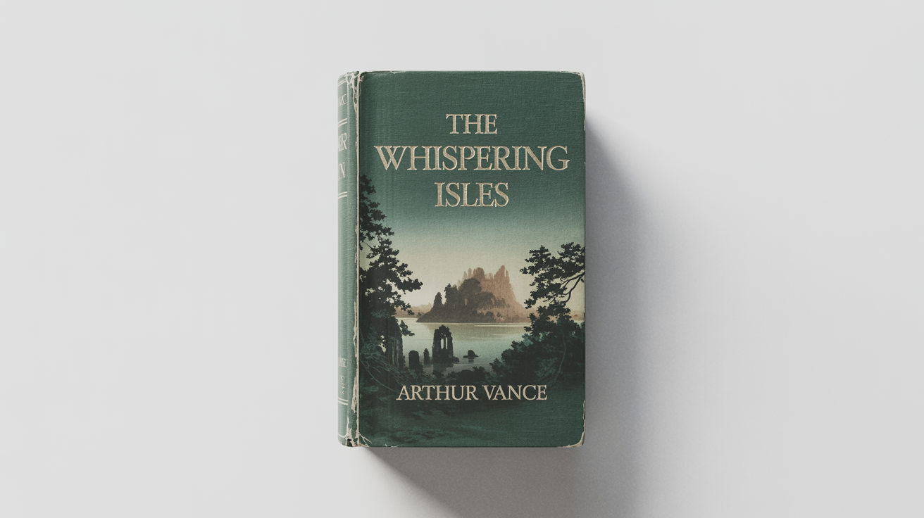 A mockup of a vintage book cover for a fictional novel titled 'The Whispering Isles', featuring an illustrated island and gold lettering, set against a white background.