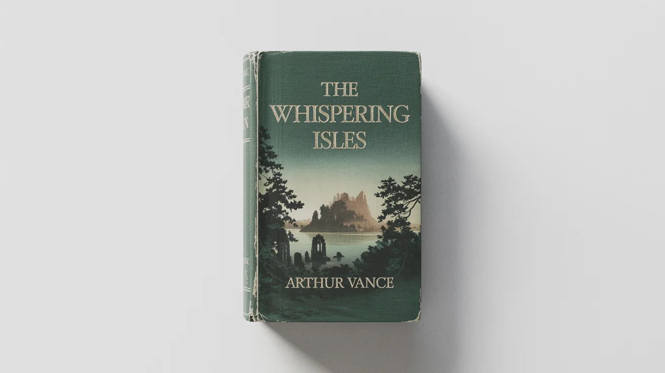 A mockup of a vintage book cover for a fictional novel titled 'The Whispering Isles', featuring an illustrated island and gold lettering, set against a white background.