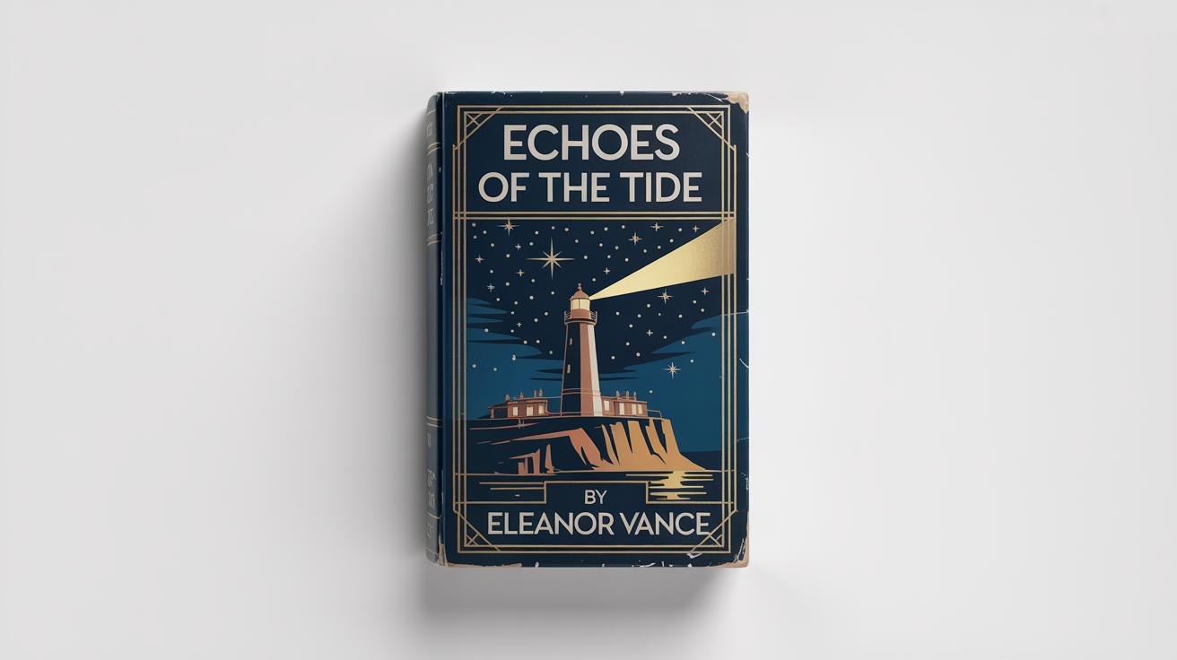 A mockup of a vintage book cover titled 'Echoes of the Tide' by Eleanor Vance, featuring an Art Deco illustration of a lighthouse against a white background.