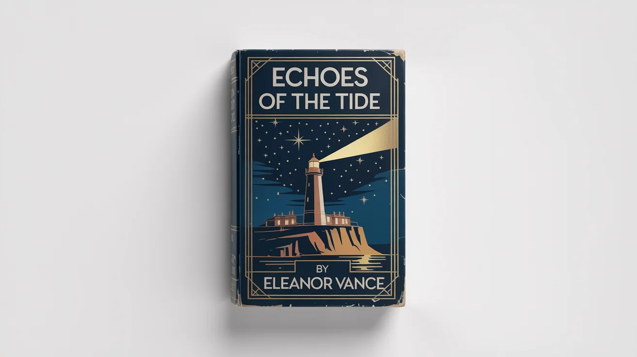 A mockup of a vintage book cover titled 'Echoes of the Tide' by Eleanor Vance, featuring an Art Deco illustration of a lighthouse against a white background.