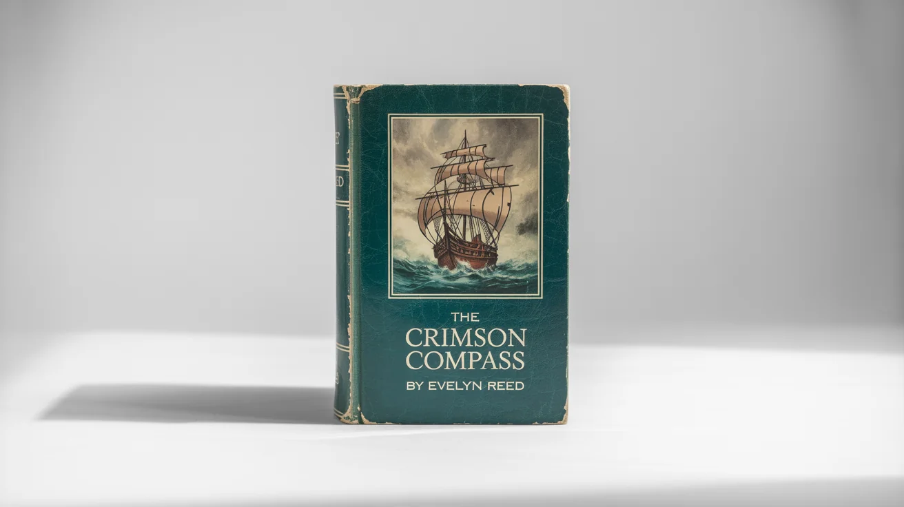 A vintage-style book cover mockup for an adventure novel titled 'The Crimson Compass' by Evelyn Reed, featuring an illustration of a galleon on a stormy sea. The book has a worn, dark teal cover and is set against a white background.