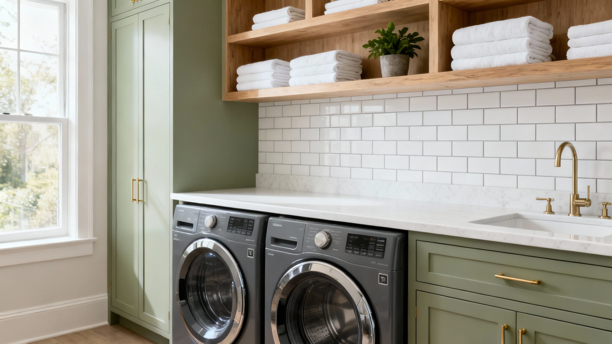 A beautifully designed modern laundry room with sage green cabinets, a white quartz countertop over a washer and dryer, and natural light from a window.