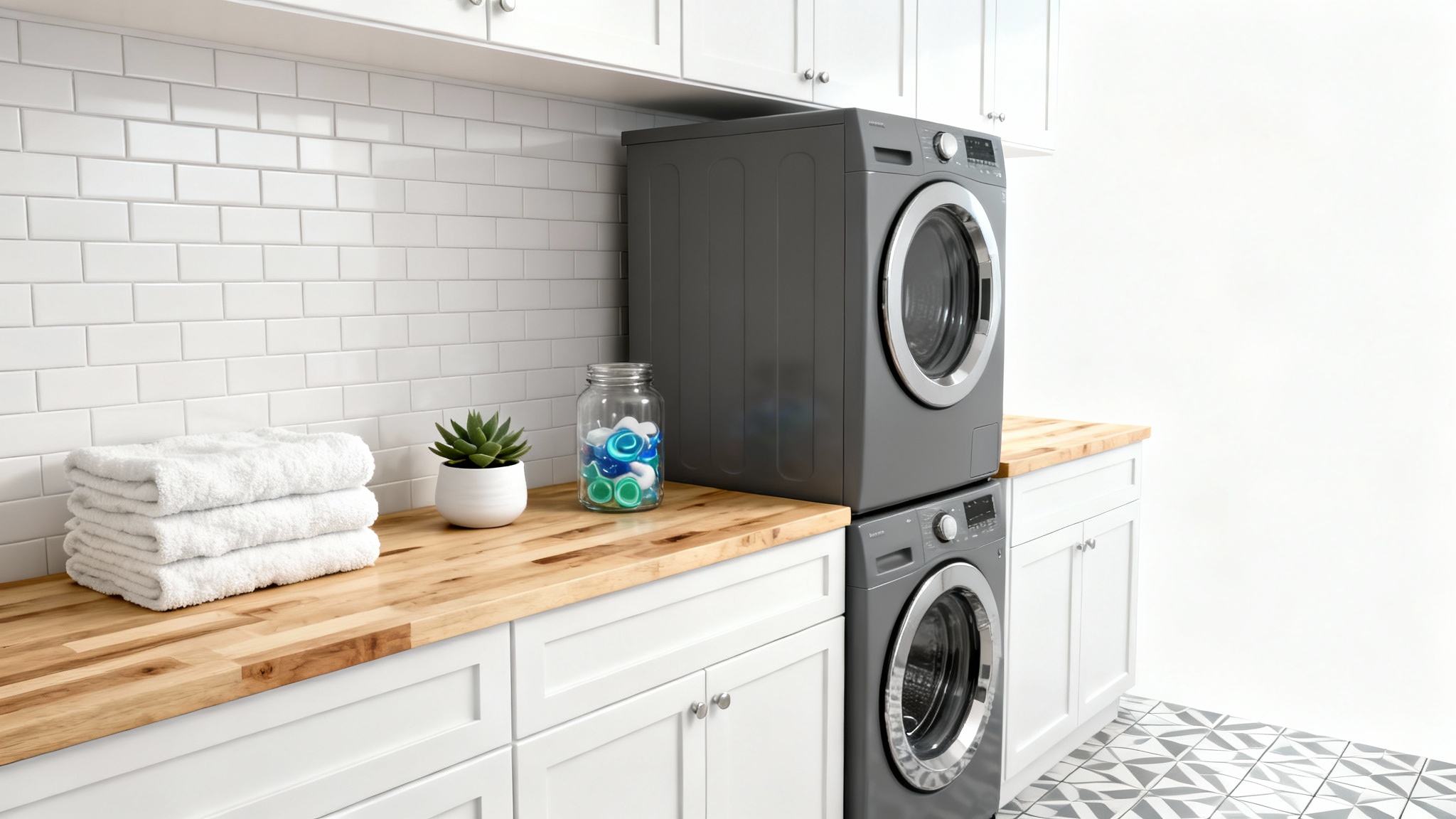 A modern, well-organized laundry room with a stacked washer and dryer, white cabinets, a wooden countertop, and decorative plants, all against a clean white background.