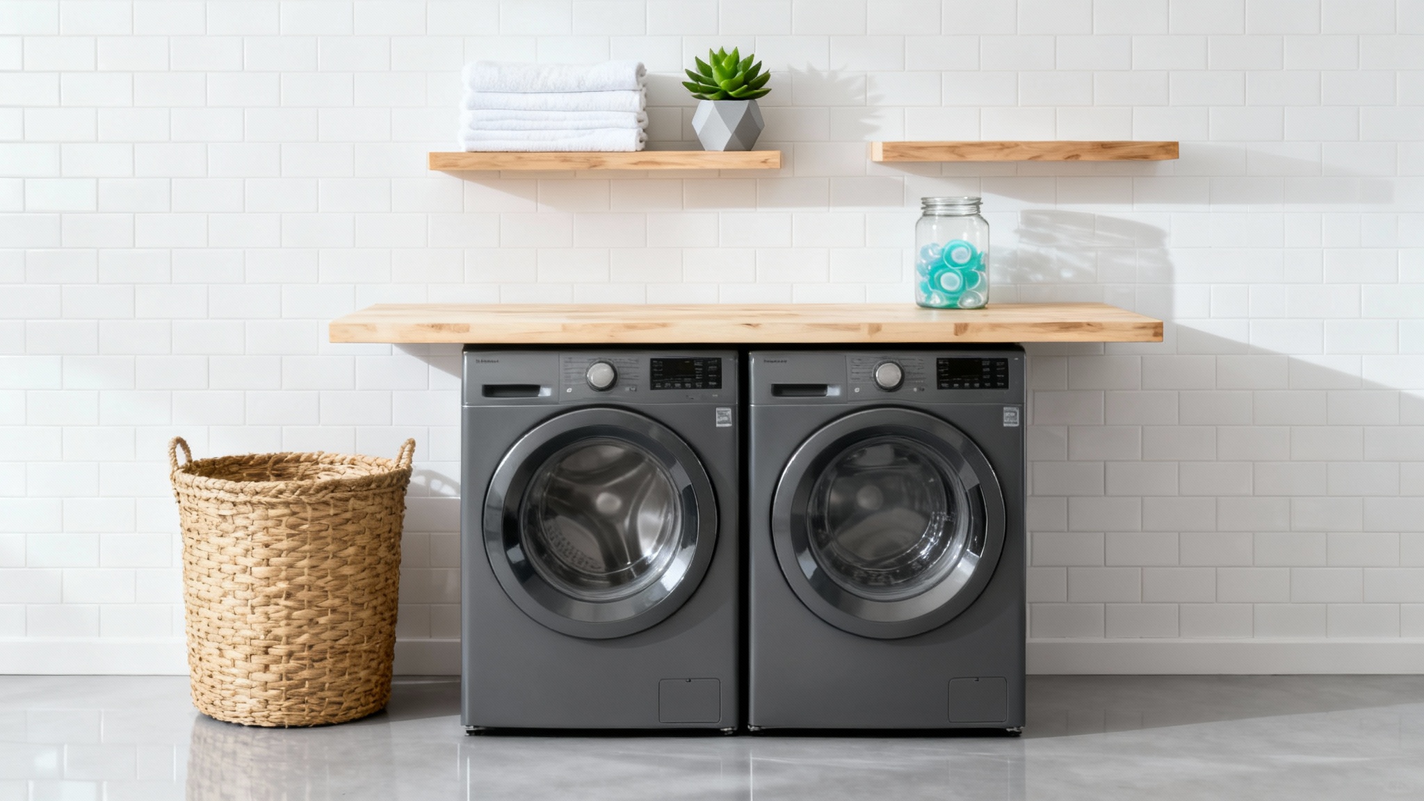 A mockup of a modern, well-organized laundry room featuring a washer and dryer, a wooden countertop, and neatly decorated shelves, all set against a plain white background.