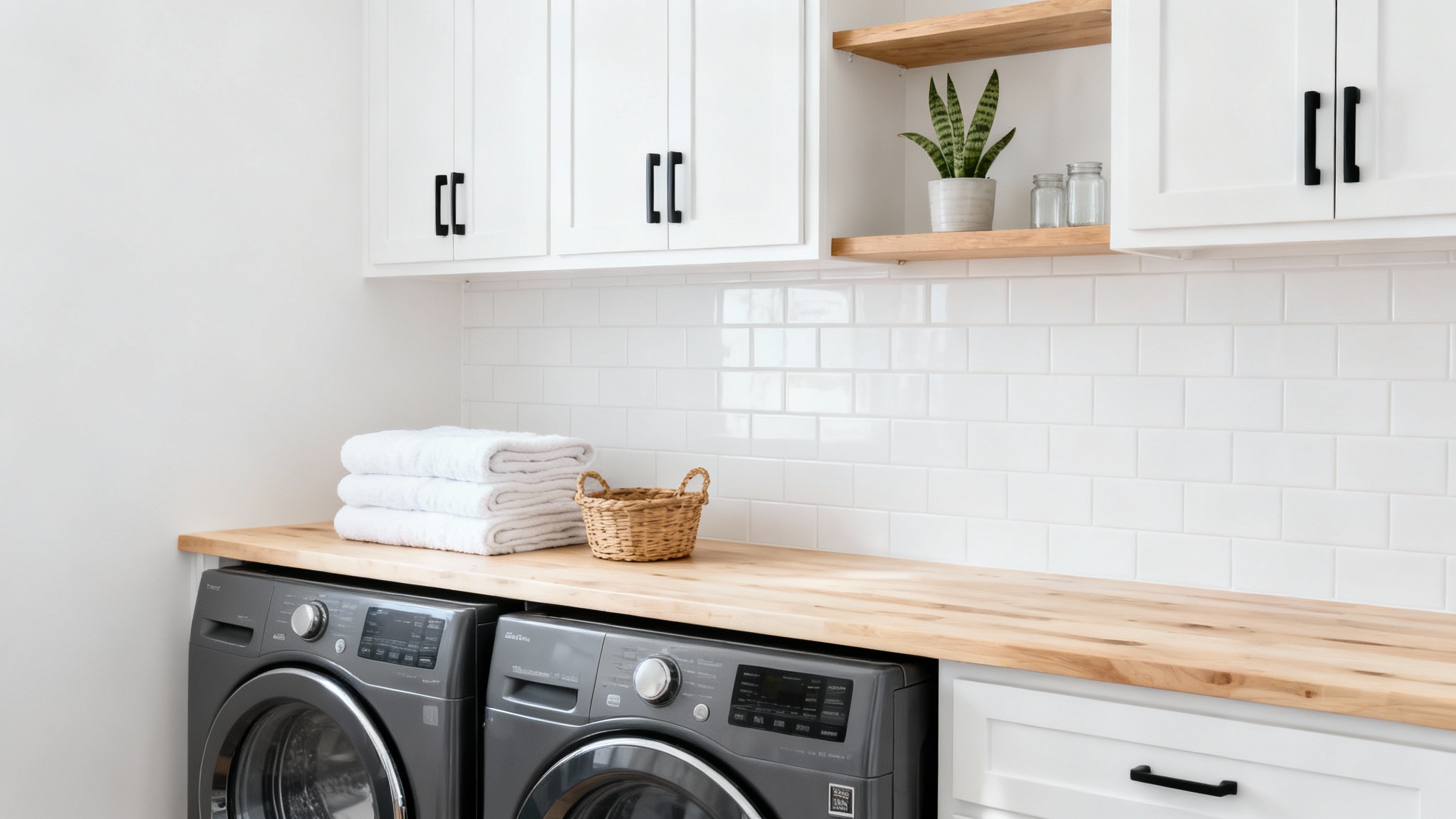 A photorealistic mockup of a modern and tidy laundry room with a gray washer and dryer, wooden countertop, and white cabinets, all against a clean white background.
