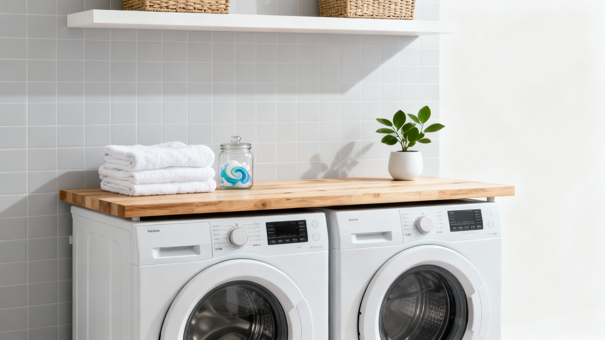 A photorealistic mockup of a modern and organized laundry room design, featuring a white washer and dryer, a light wood countertop, and tidy shelves against a plain white background.