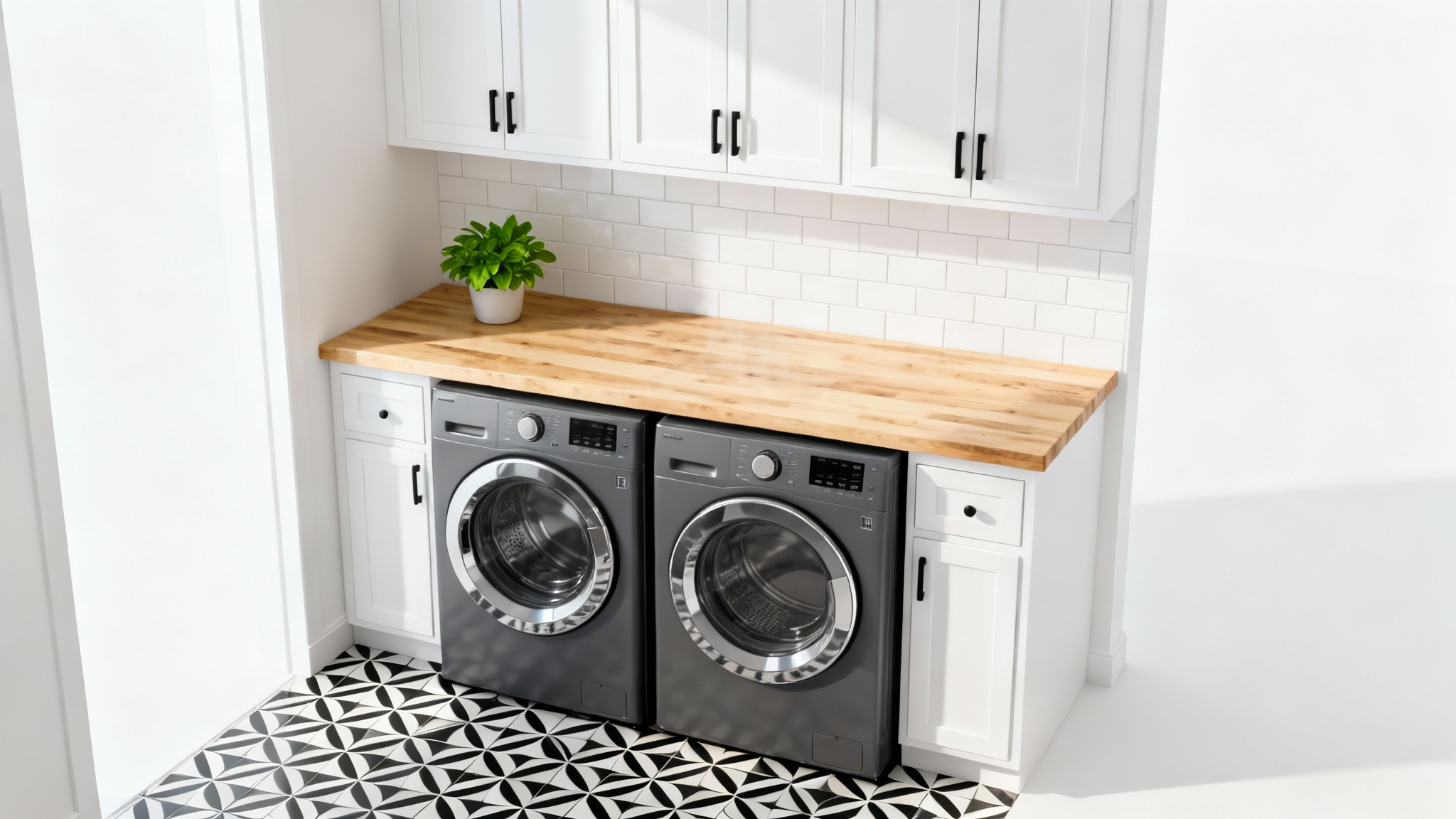A photorealistic mockup of a modern laundry room design, featuring sleek dark gray appliances, a light wood countertop, white cabinets, and stylish geometric floor tiles, creating a clean and organized look.
