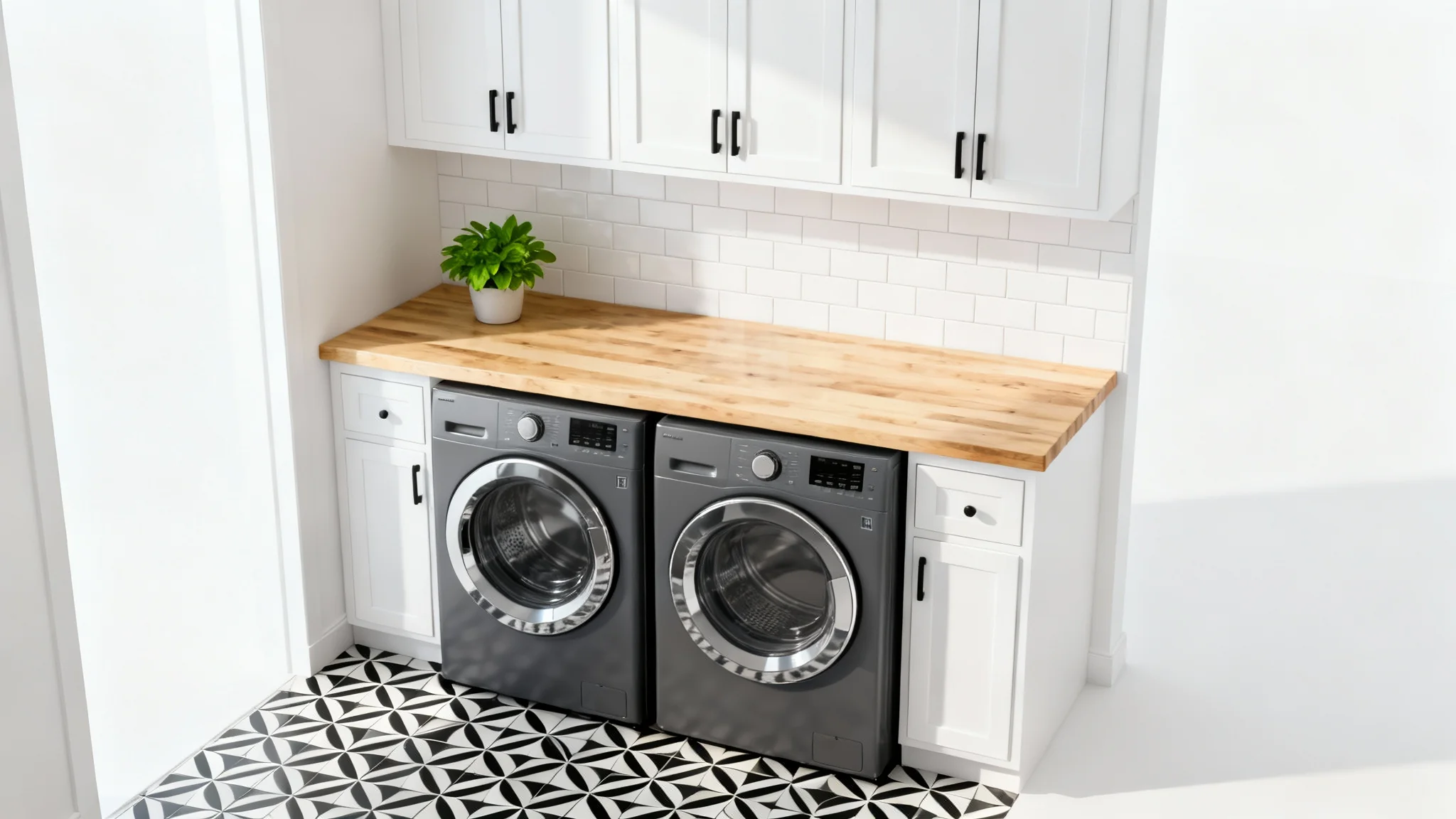 A photorealistic mockup of a modern laundry room design, featuring sleek dark gray appliances, a light wood countertop, white cabinets, and stylish geometric floor tiles, creating a clean and organized look.
