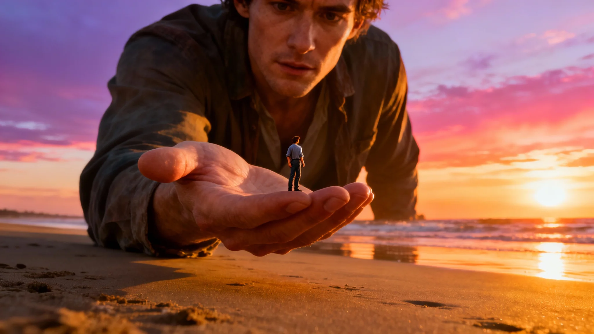 An eye-catching forced perspective photo showing a size illusion, where a person who appears to be a giant holds a tiny person in their palm against a beautiful sunset beach backdrop.