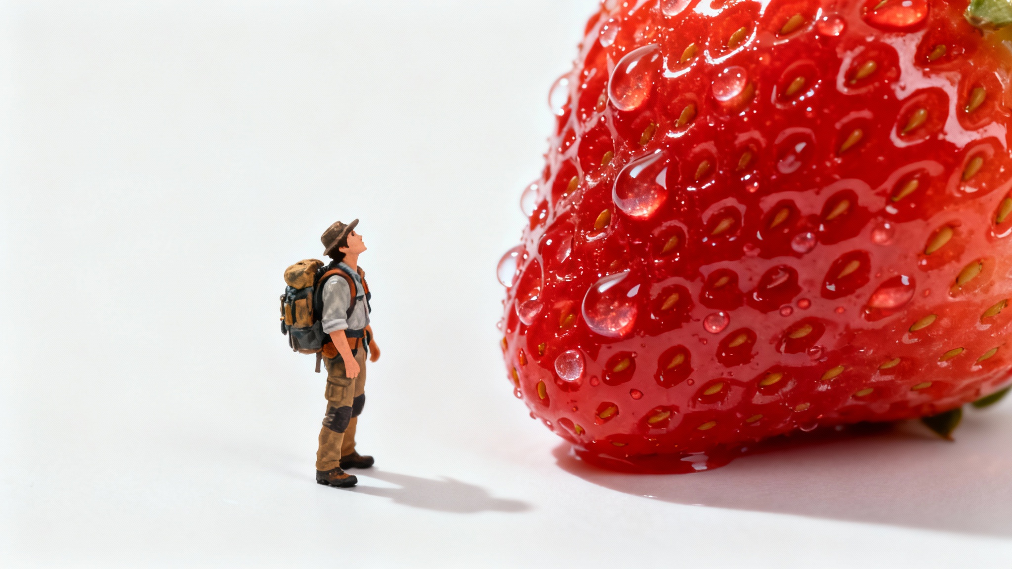 A creative forced perspective photograph showing a tiny person in explorer gear looking up at a giant, glistening strawberry on a clean white background, creating a size illusion.