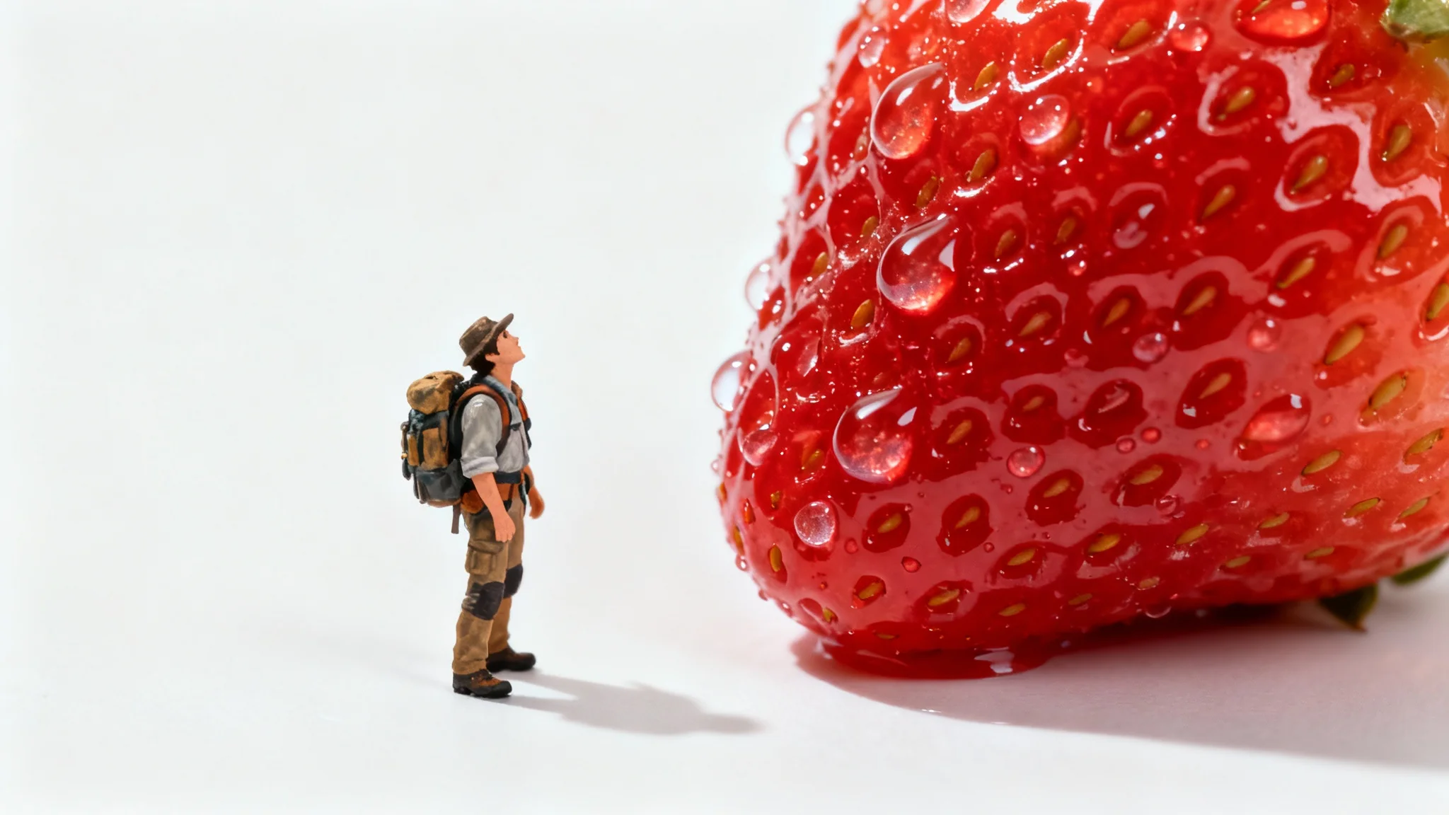 A creative forced perspective photograph showing a tiny person in explorer gear looking up at a giant, glistening strawberry on a clean white background, creating a size illusion.