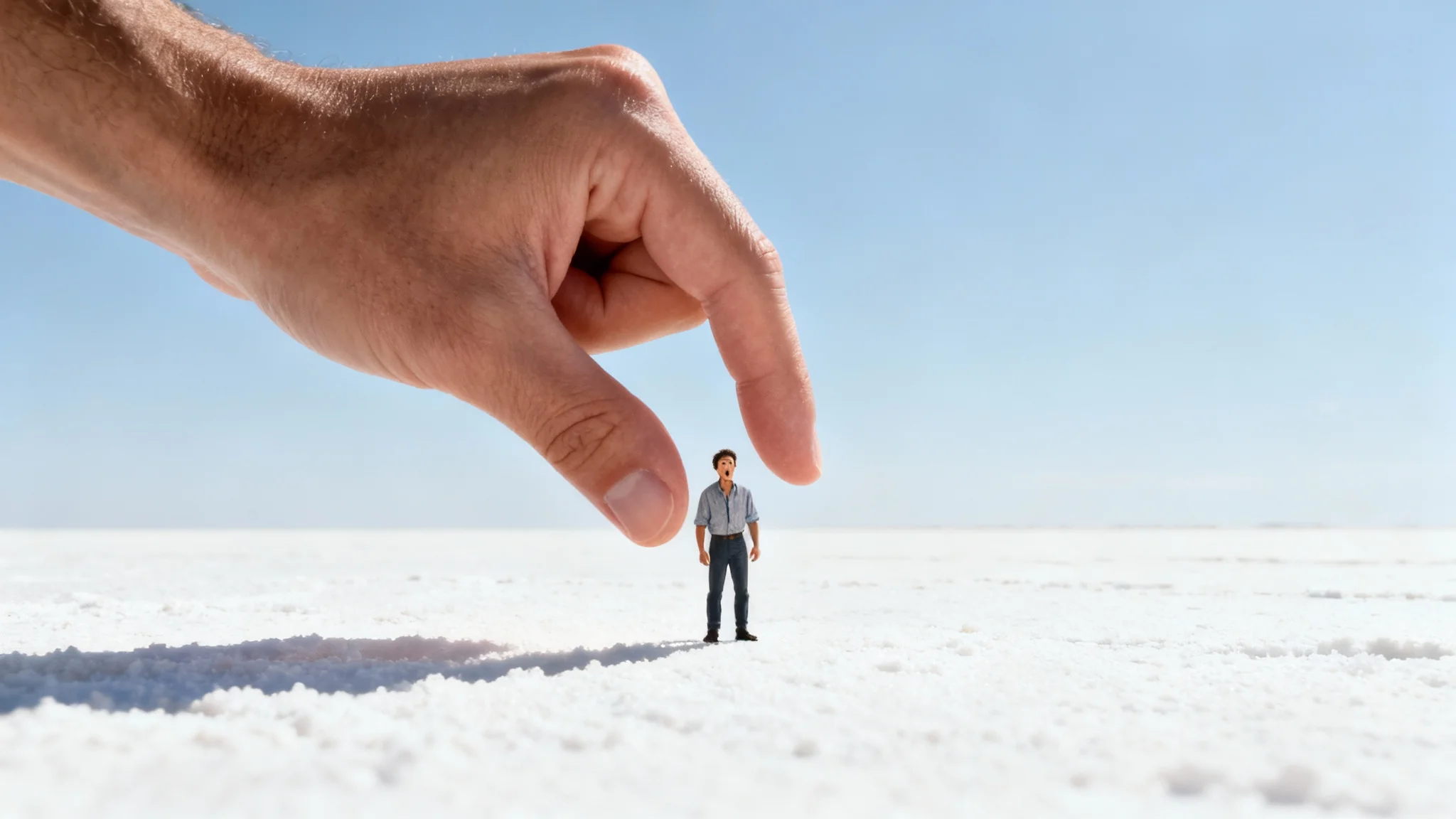 A playful size illusion photograph where a hand in the foreground appears to be about to pinch a tiny-looking person standing far in the background on a white salt flat.
