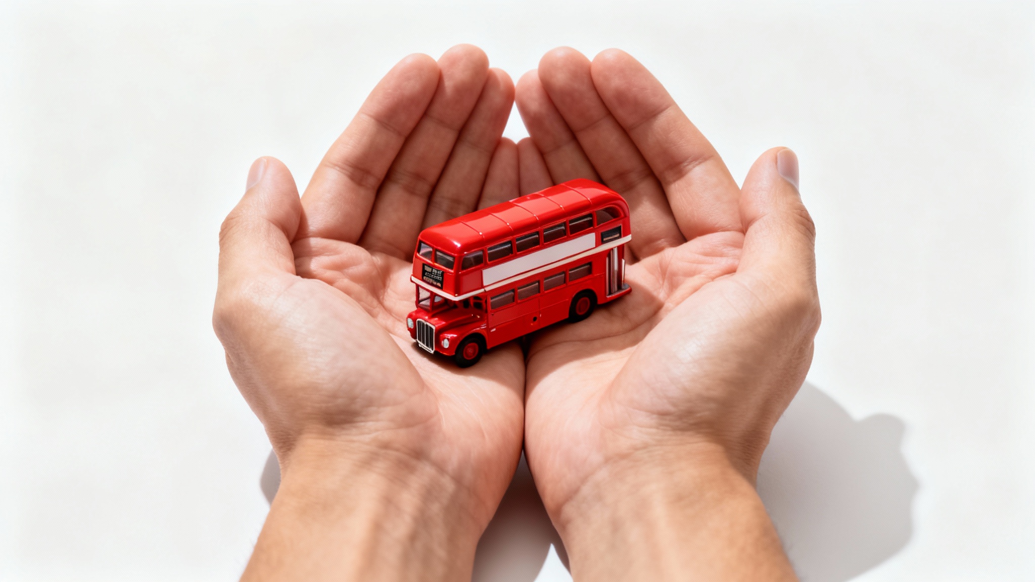 A studio photograph showing a pair of hands holding a tiny, realistic red double-decker bus, creating a playful size illusion.