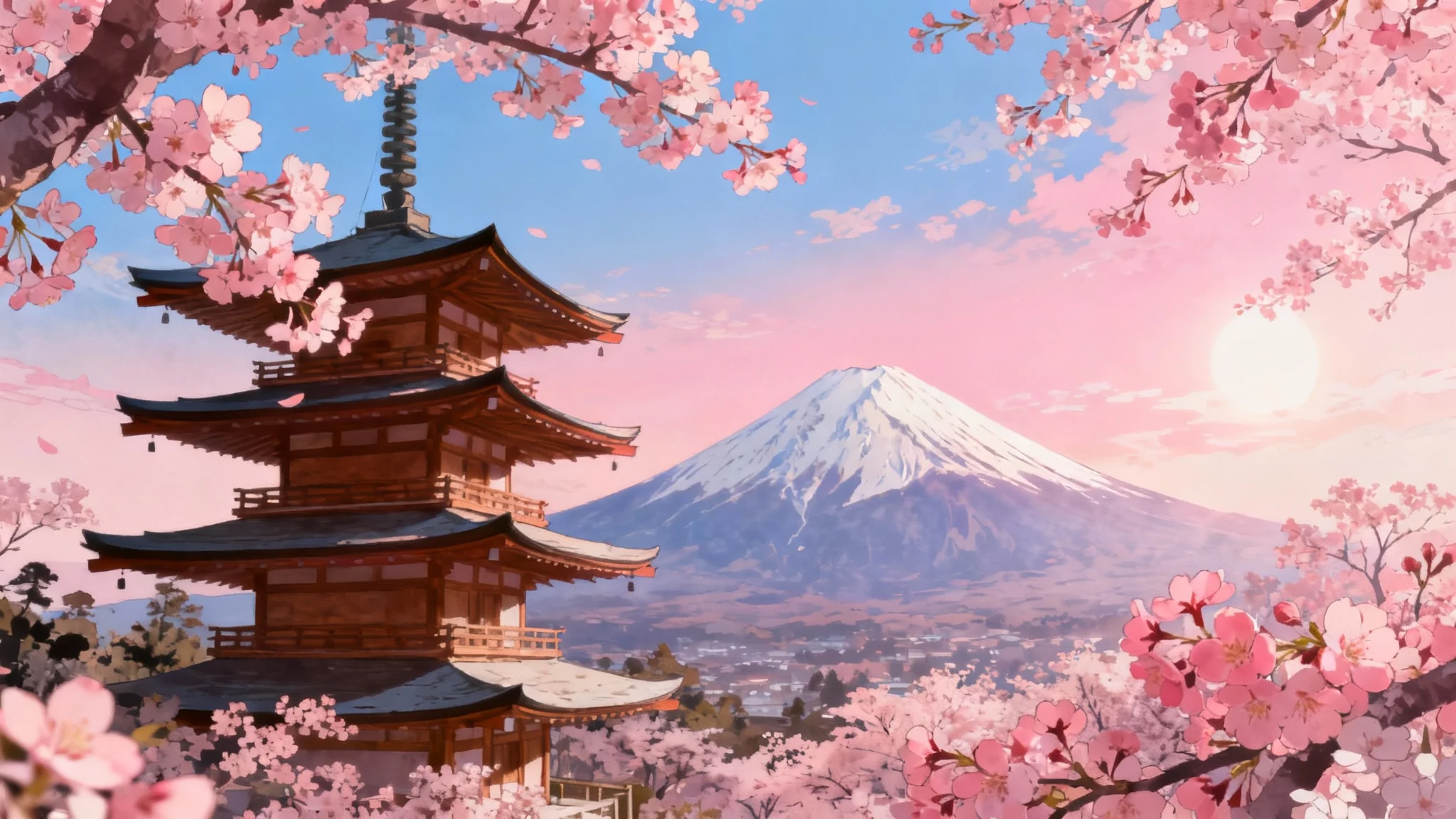 A final, polished wallpaper showing a serene Japanese landscape with Mount Fuji, a pagoda, and cherry blossoms, created in a beautiful digital art style.
