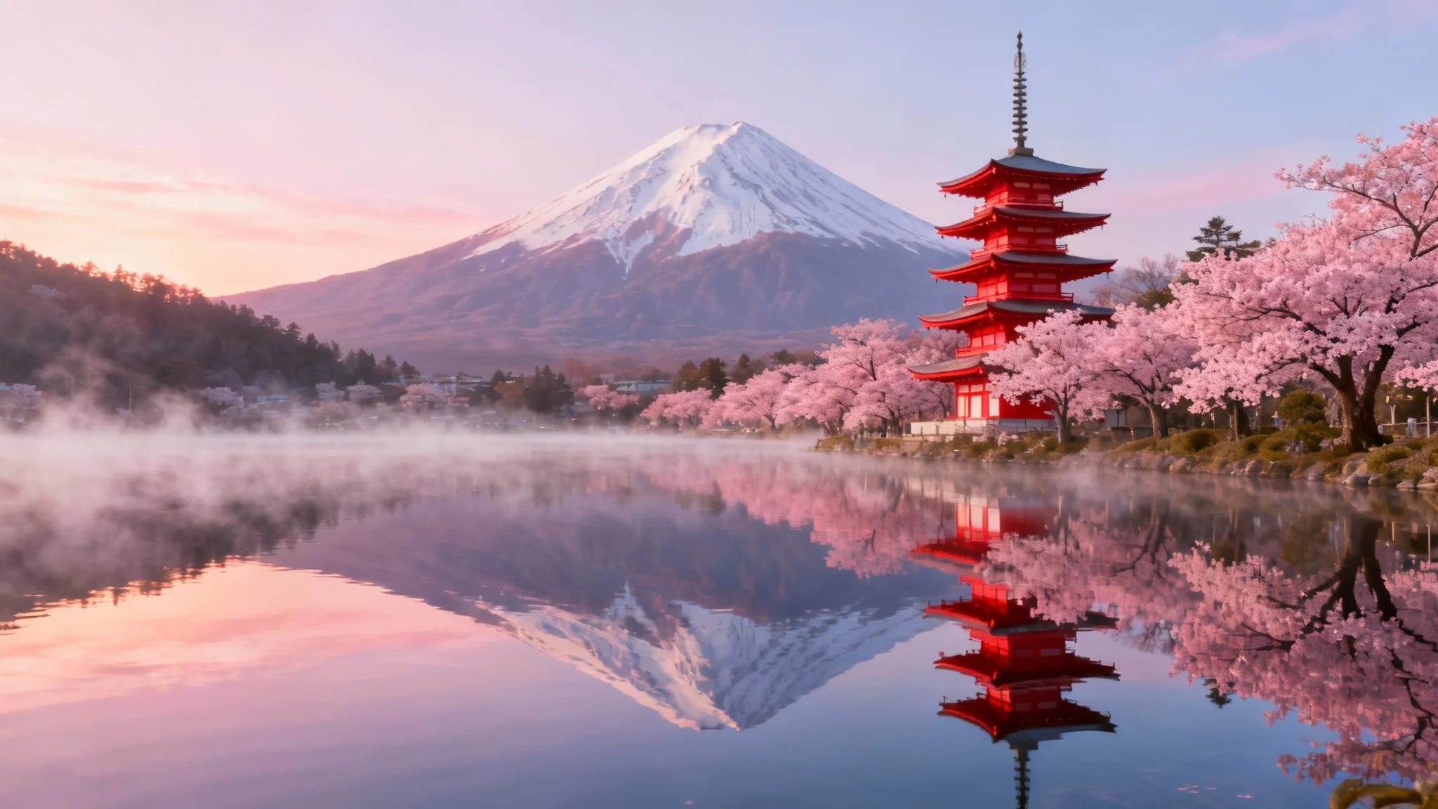 A serene Japanese landscape wallpaper featuring a snow-capped Mount Fuji in the background, a red pagoda, and pink cherry blossom trees reflected in a calm lake.