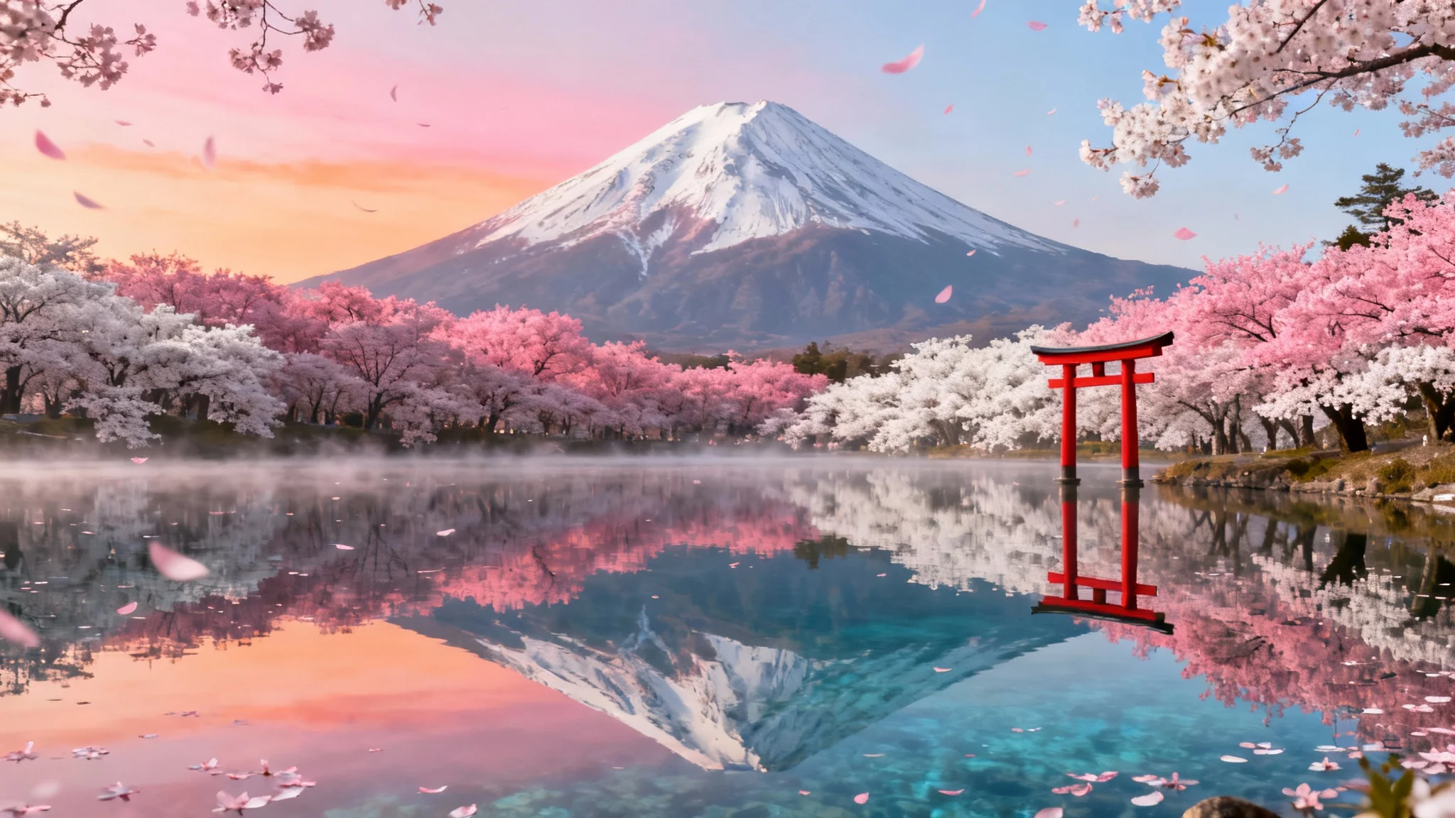 A serene Japanese landscape wallpaper featuring a snow-capped Mount Fuji at dawn, reflected in a clear lake with blooming cherry blossom trees and a traditional red torii gate.