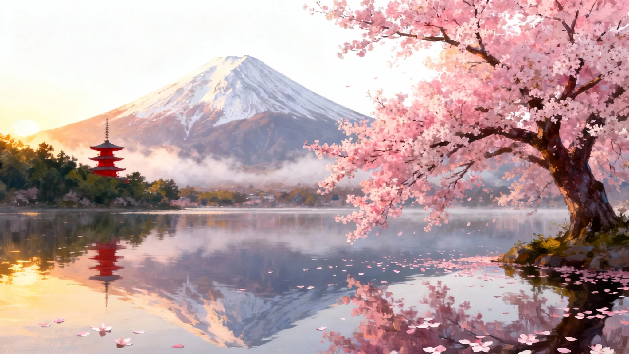 A serene Japanese landscape wallpaper featuring Mount Fuji at sunrise, a tranquil lake, and a blooming cherry blossom tree in the foreground.